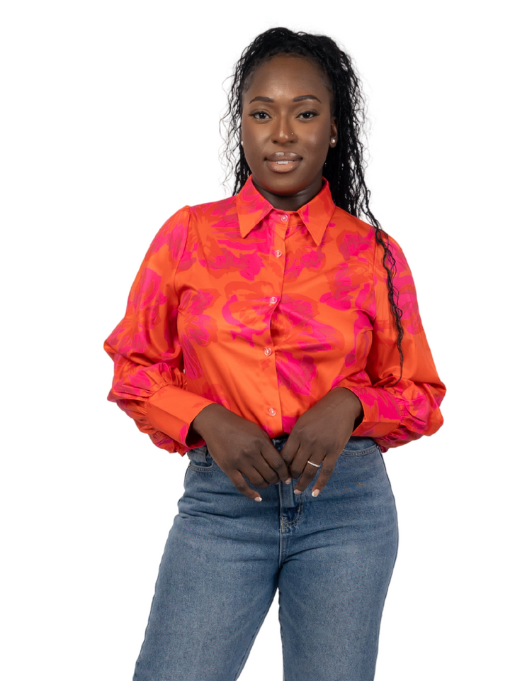 Orange and Pink Printed Lantern Sleeve Shirt